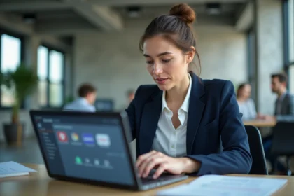Femme professionnelle consultant un annuaire de marques en ligne sur un ordinateur portable dans un bureau moderne