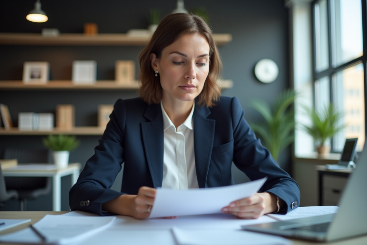 Femme professionnelle en bureau moderne lisant un document