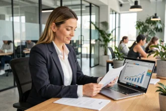 Femme professionnelle consultant des documents de formation et d'emploi sur un bureau moderne en open space