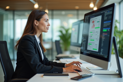 Femme professionnelle en réunion avec logiciel CRM