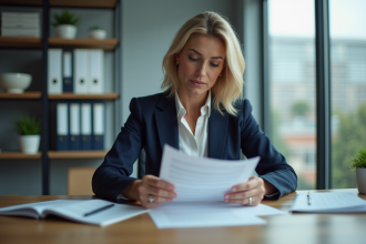 Femme professionnelle en revue un document officiel dans un bureau moderne