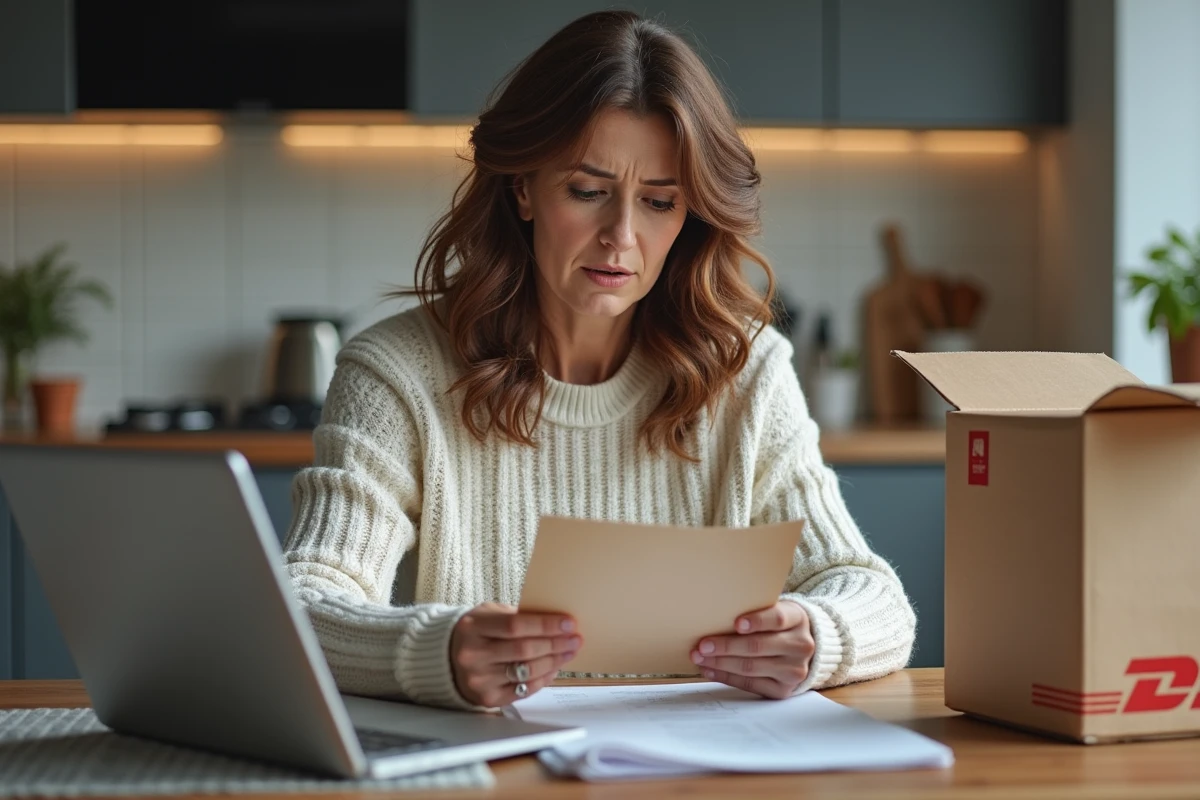 Femme examinant un colis DHL dans une cuisine moderne