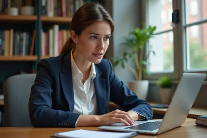 Femme consultant des offres d'emploi en CDI sur un site de recrutement depuis son bureau à domicile