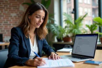 Femme en reconversion professionnelle consultant le référentiel ROME emploi sur un ordinateur portable dans un espace de coworking moderne