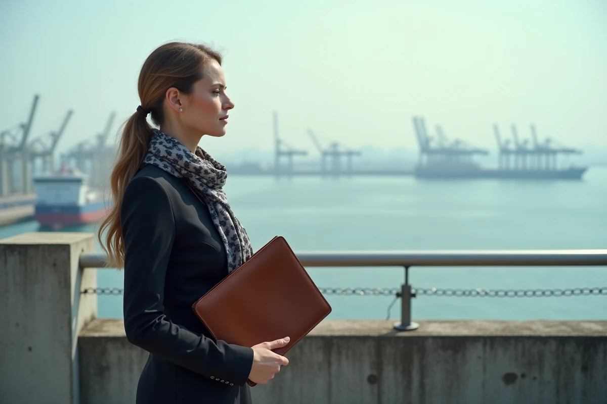 Femme en robe sombre sur un toit avec vue sur la mer et les structures