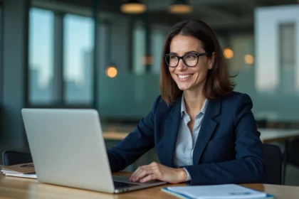 Femme professionnelle utilisant un ordinateur sécurisé
