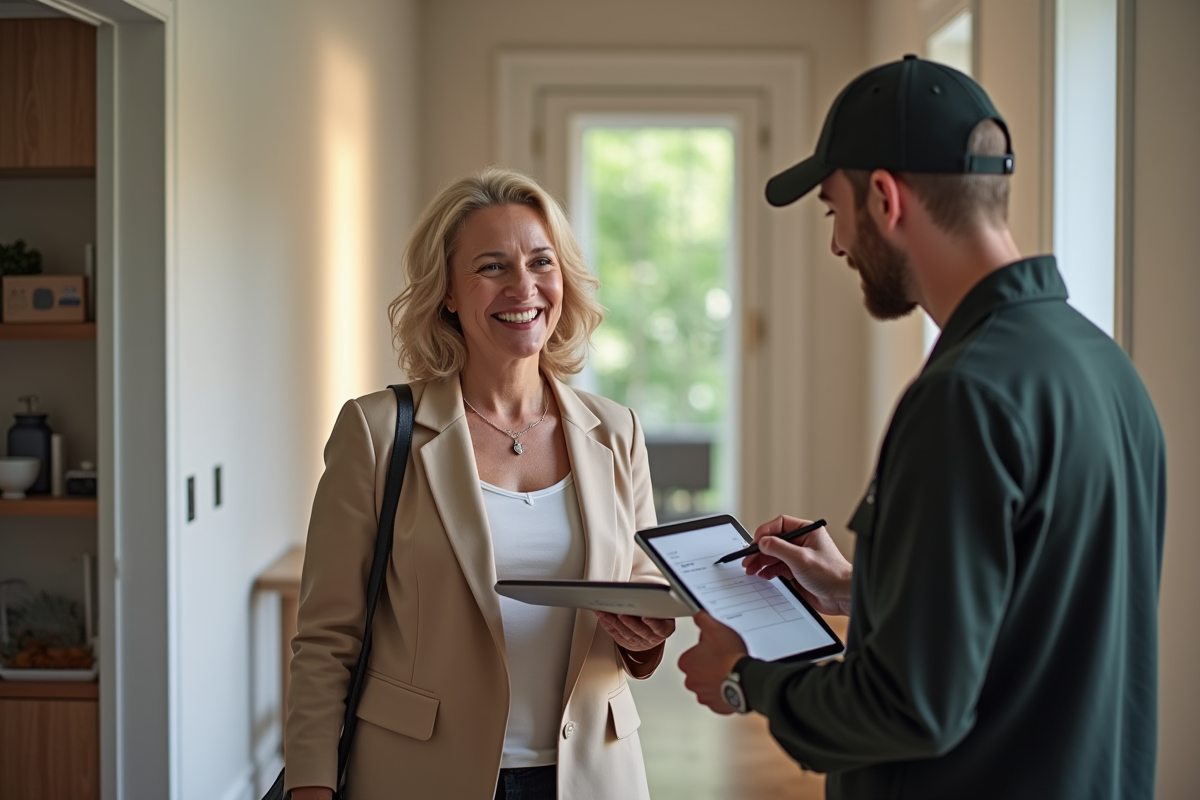 Femme signant un reçu numérique avec un livreur en intérieur