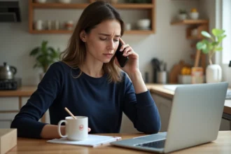Femme au téléphone dans une cuisine lumineuse et ordonnee
