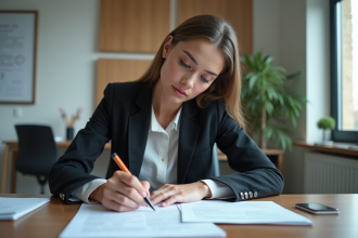 Jeune femme en blazer remplissant des formulaires administratifs
