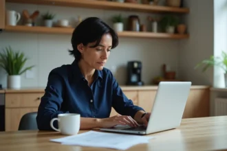 Femme d'âge moyen travaillant sur un ordinateur à la maison
