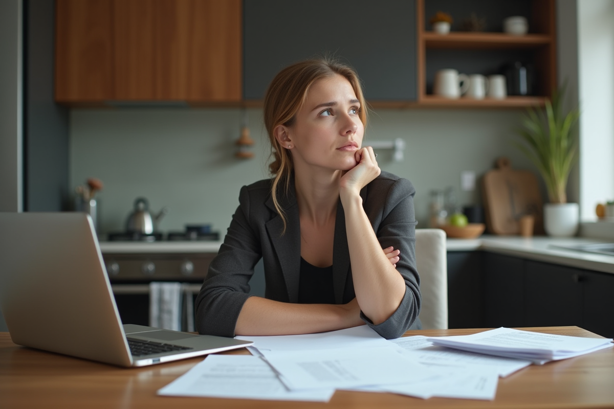 Femme en télétravail dans un appartement moderne