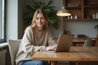 Femme souriante travaillant sur son ordinateur portable à domicile