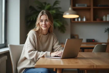 Femme souriante travaillant sur son ordinateur portable à domicile