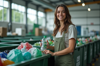 Femme triant une bouteille en recyclage intérieur moderne