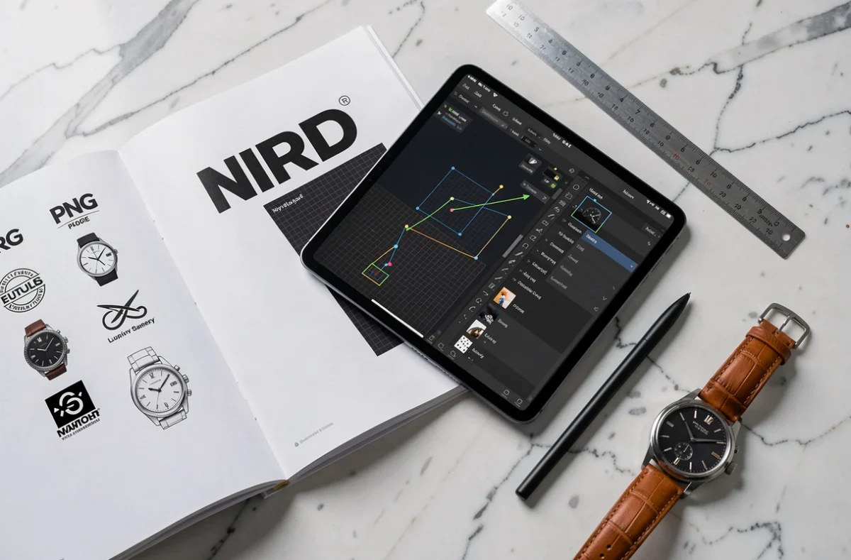 Flat-lay éditorial présentant un logo de montre de luxe en formats PNG et SVG sur marbre blanc avec outils de design