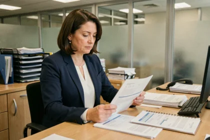 Fonctionnaire féminine examinant des documents de salaire dans un bureau administratif français en 2026