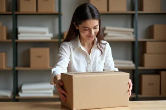 Femme préparant une boîte cadeau kraft pour une commande e-commerce dans un entrepôt de fulfillment organisé