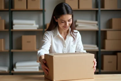 Femme préparant une boîte cadeau kraft pour une commande e-commerce dans un entrepôt de fulfillment organisé