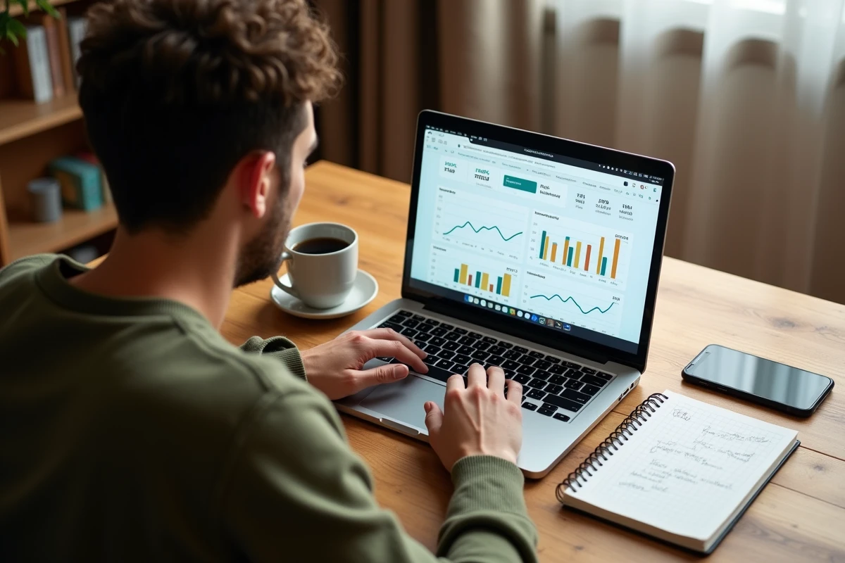 Freelance en marketing digital analysant des métriques de campagne Pay Per Click sur son ordinateur portable depuis un bureau à domicile