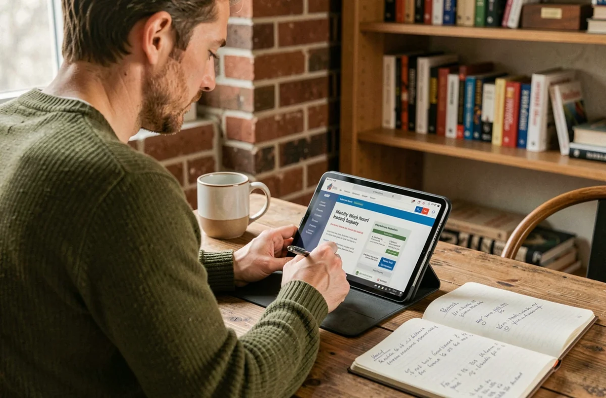 Travailleur indépendant consultant les règles de calcul du temps de travail mensuel sur tablette depuis son domicile