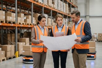 Groupe de gestionnaires logistique dans un entrepôt moderne