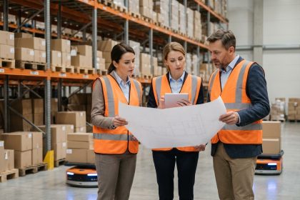 Groupe de gestionnaires logistique dans un entrepôt moderne
