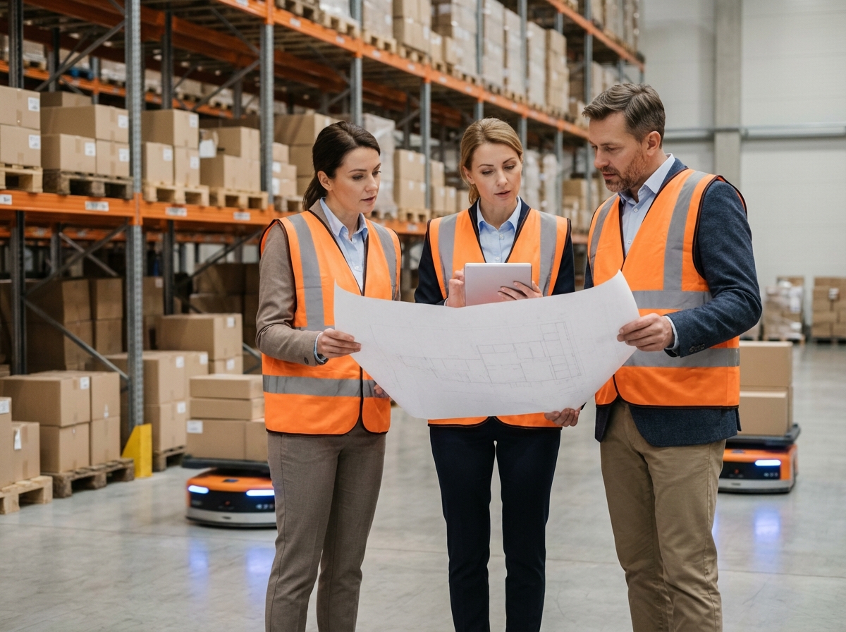 Groupe de gestionnaires logistique dans un entrepôt moderne