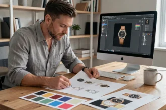 Graphiste professionnel analysant des variations de logo vectoriel SVG et PNG sur son bureau de travail moderne