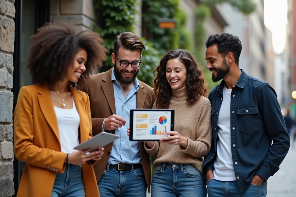 Groupe de jeunes discutant avec une tablette dans un espace de coworking