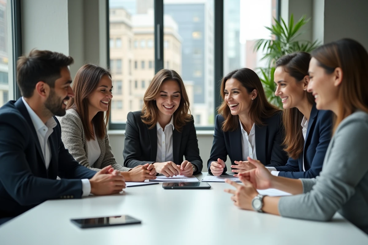Groupe de collègues discutant autour d une table de coworking