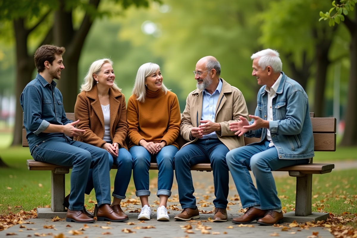 Groupe de jeunes et seniors discutant dans un parc