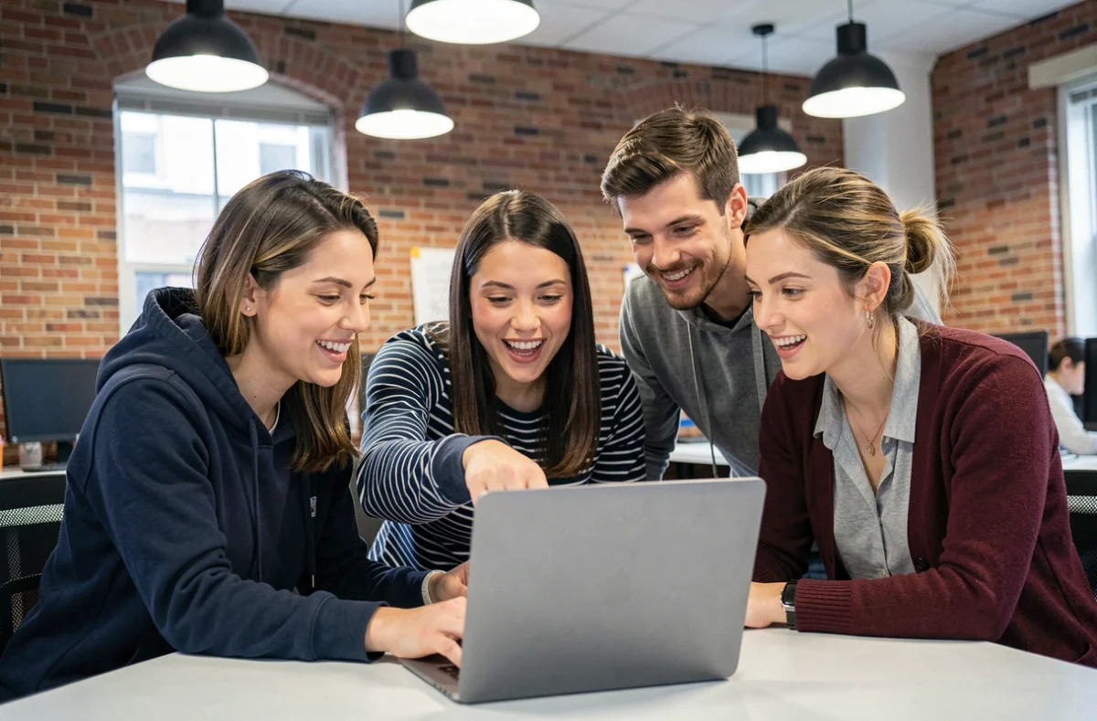 Groupe de jeunes professionnels collaborant autour d'une plateforme d'emploi et de formation dans un espace de coworking
