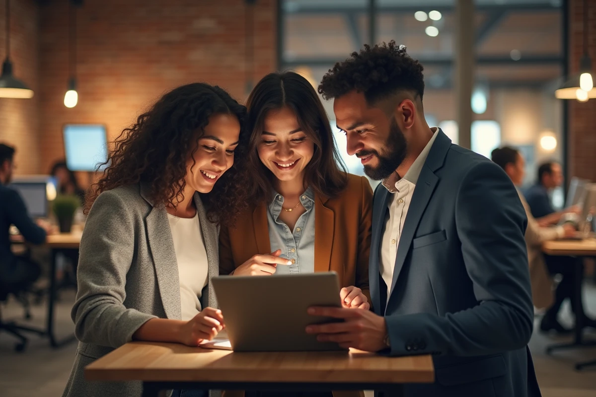 Groupe de professionnels consultant une plateforme de recrutement en CDI dans un espace de coworking
