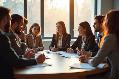Groupe de personnes discutant de documents juridiques au bureau