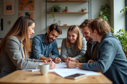 Groupe de quatre adultes en coworking collaborant