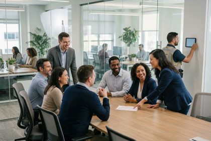 Groupe de travailleurs de bureau autour d'un thermostat moderne