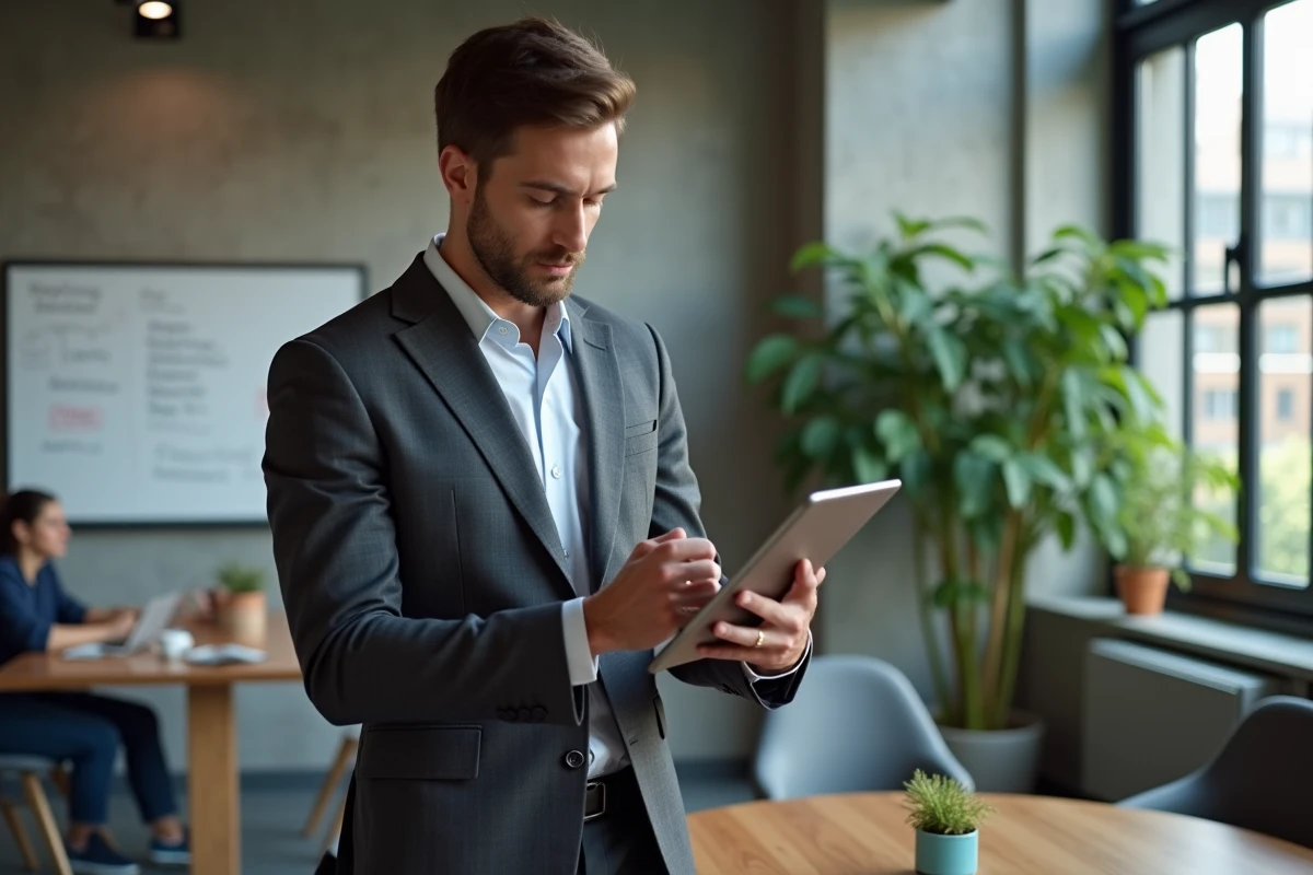 Professionnel masculin utilisant une tablette pour accéder à des services juridiques en ligne dans un espace de co-working