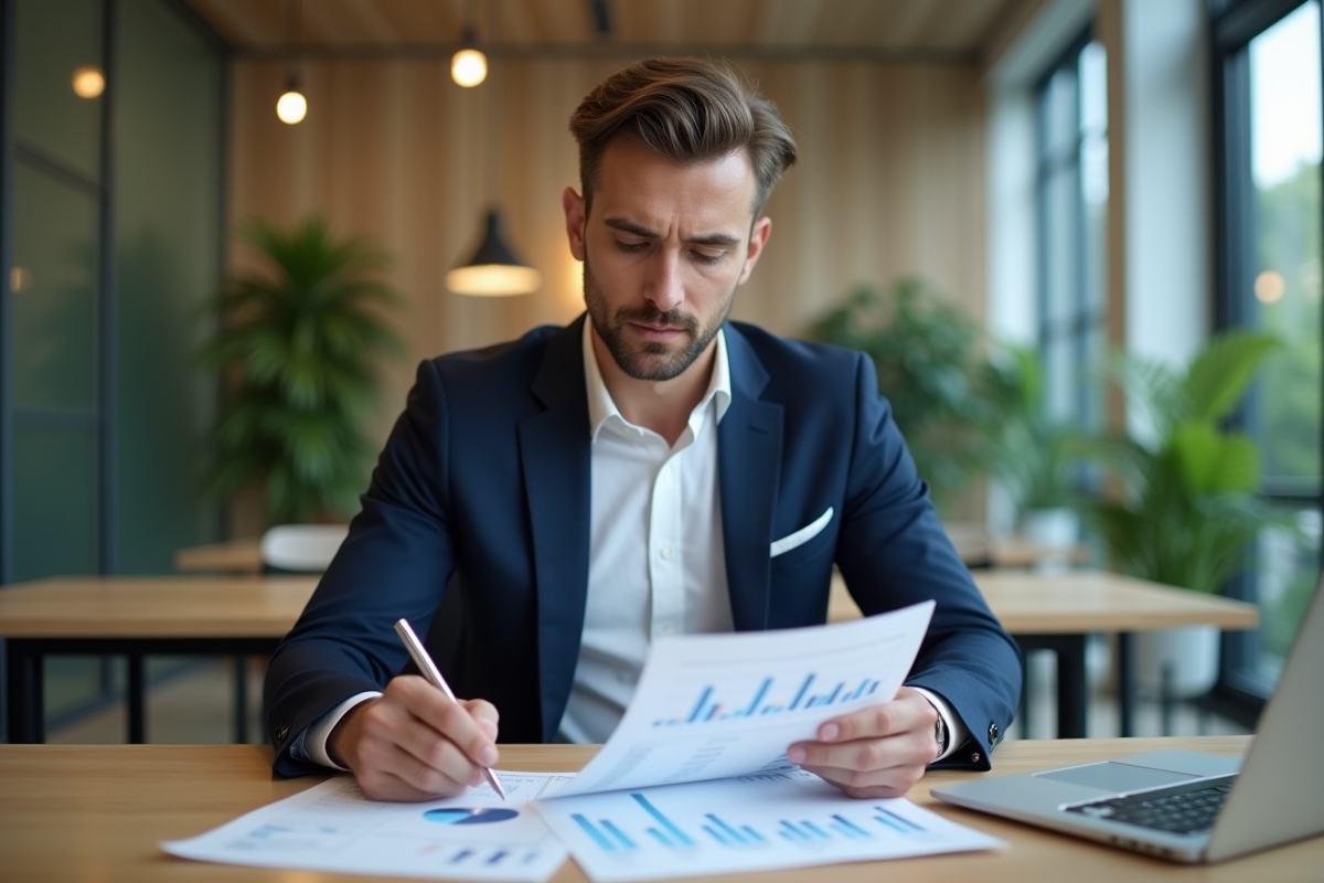 Homme en costume analysant des graphiques financiers dans un bureau moderne
