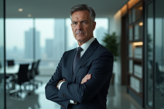 Homme d'affaires en costume sérieux dans un bureau moderne