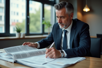 Homme d'affaires français lisant une presse dans un bureau