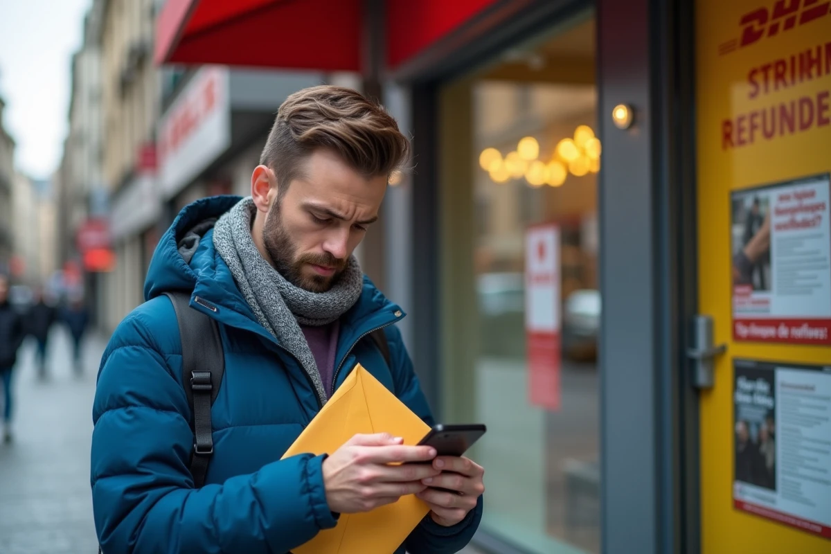 Homme patient devant une boutique DHL en grève