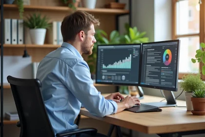 Homme français au bureau avec ordinateur et étagères