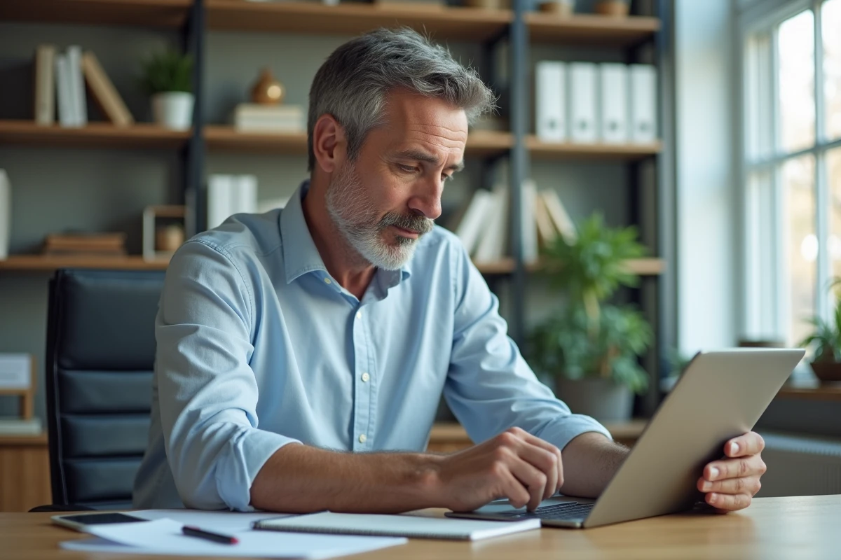 Homme concentré vérifiant une tablette dans un bureau moderne