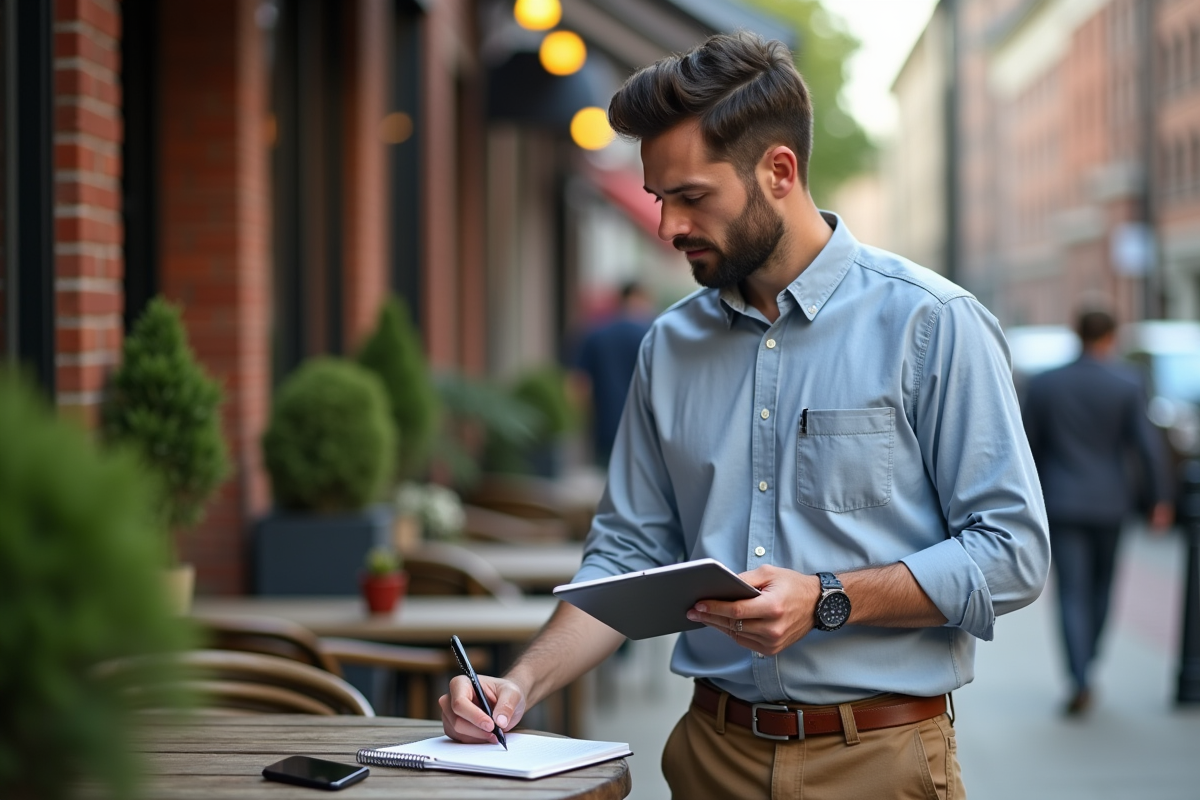 Homme en extérieur prenant des notes au café
