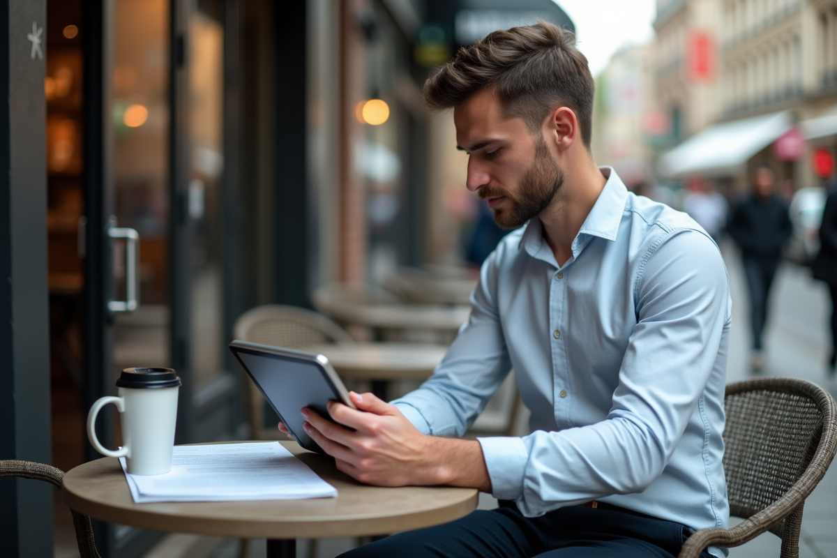 Jeune homme travaillant sur une tablette en terrasse de café