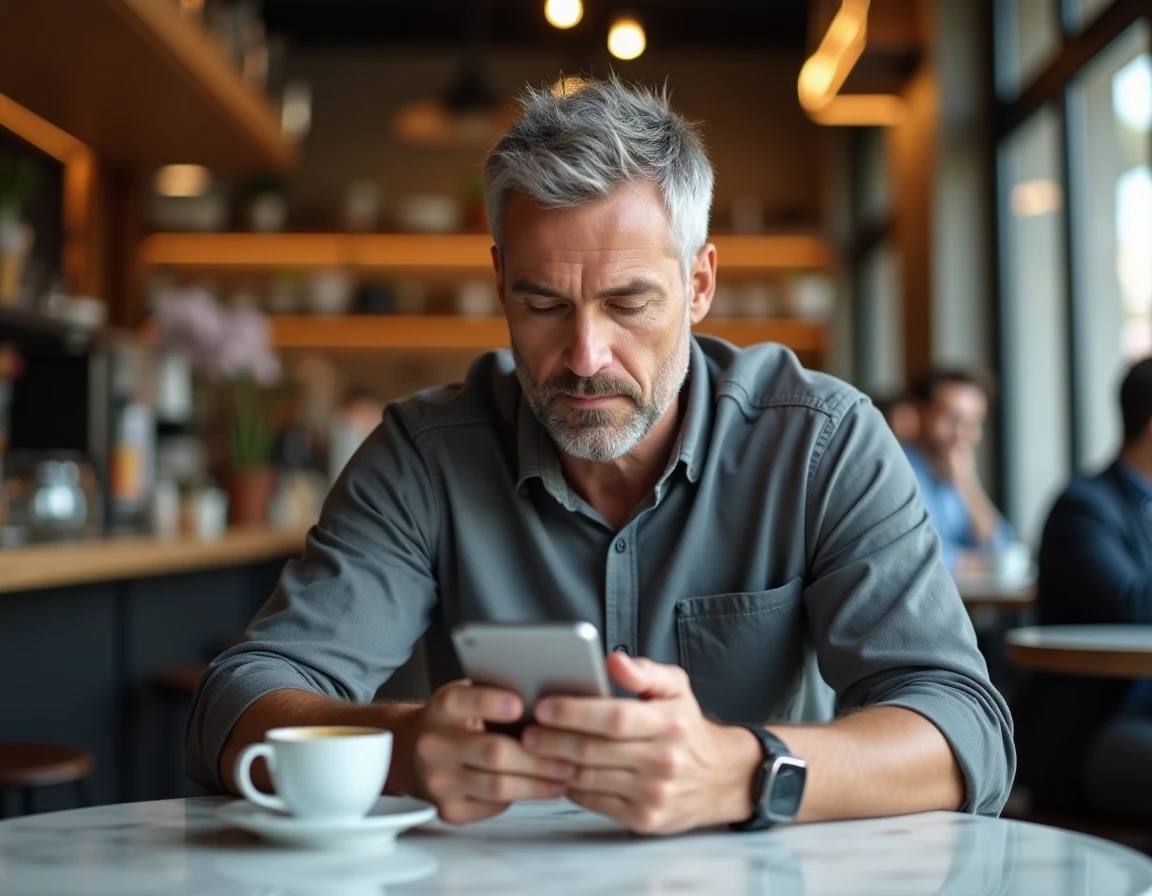 Homme consultant un post LinkedIn avec du texte en gras sur smartphone dans un café urbain