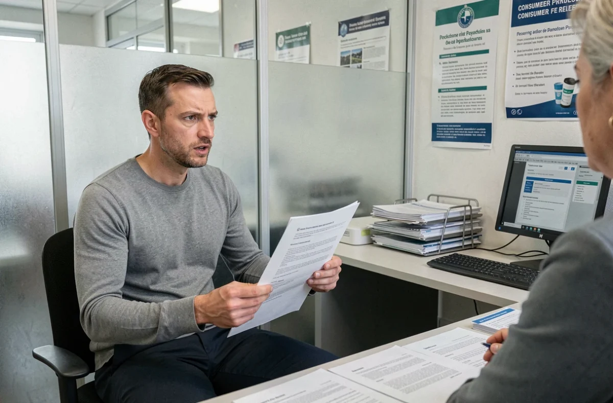 Homme déposant une plainte officielle dans un bureau de protection des consommateurs concernant une arnaque présumée de service de remise de fonds