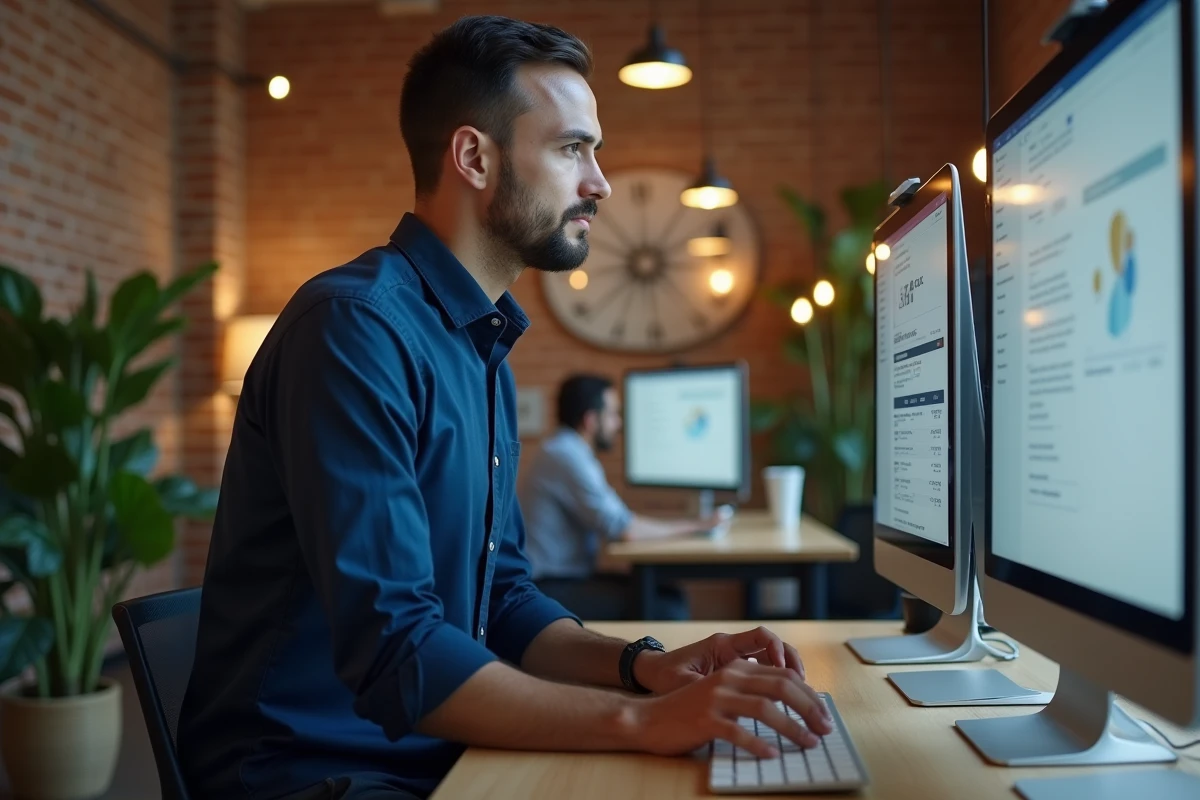 Homme consultant une facture télécom AKEO sur un ordinateur de bureau dans un espace de coworking
