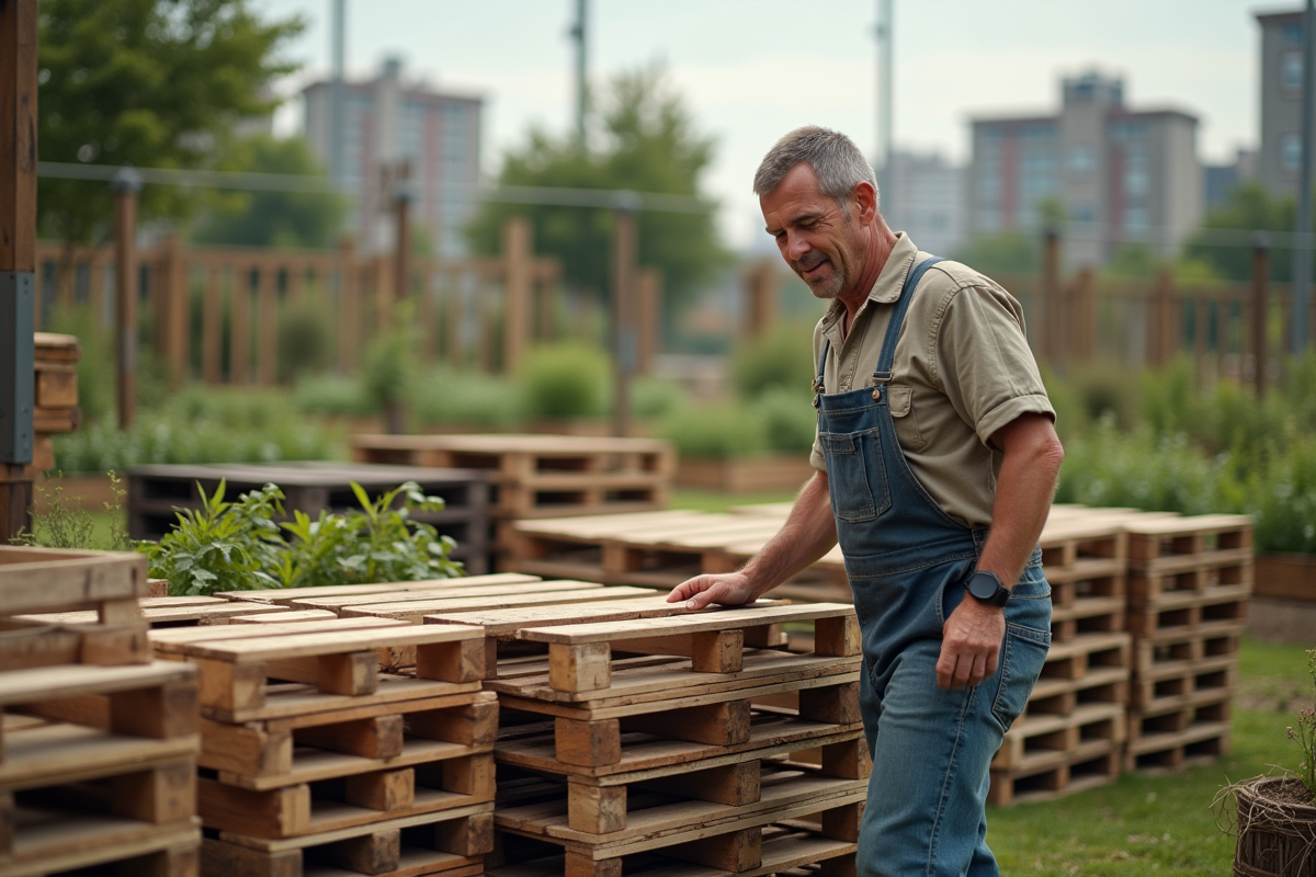 Homme inspectant un jardin communautaire en ville