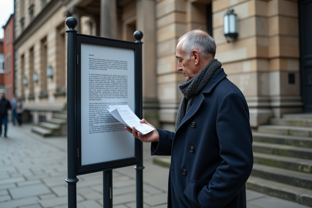Homme lisant une affiche devant un bâtiment historique